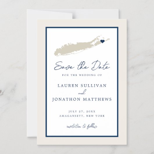 Creme and Navy Long Island NY Karte Save the Date (Vorderseite)