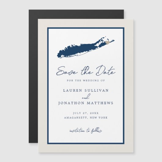 Creme and Navy Long Island NY Karte Save the Date (Vorne/Hinten)