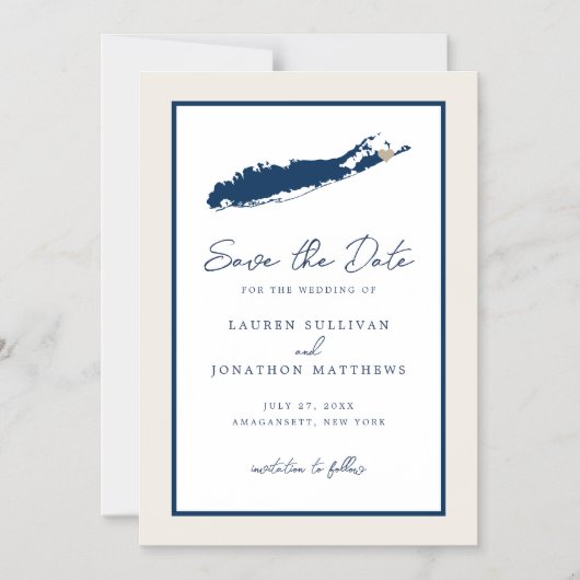 Creme and Navy Long Island NY Karte Save the Date (Vorderseite)