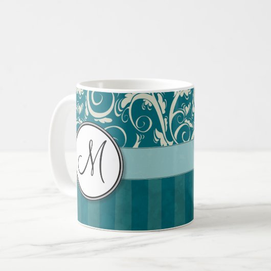 Creme auf aquamarinen Blumenbündeln u. Streifen Kaffeetasse (Vorderseite Links)