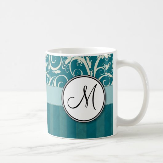 Creme auf aquamarinen Blumenbündeln u. Streifen Kaffeetasse (Rechts)