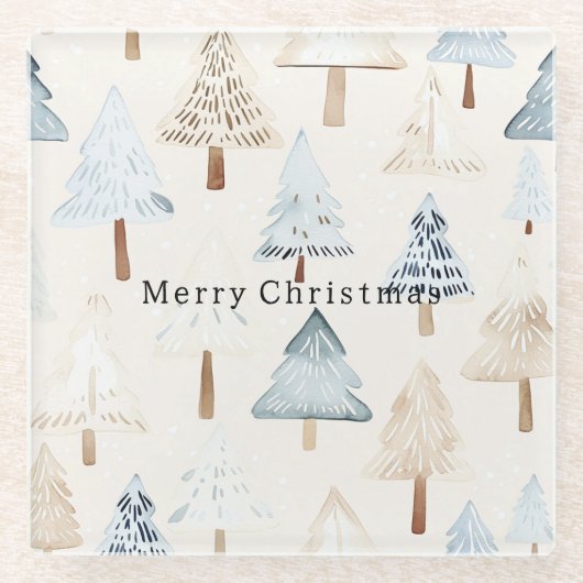Creme Beige Blaue Weihnachtsbäume Glasuntersetzer (Vorderseite)