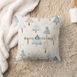 Creme Beige Blaue Weihnachtsbäume Kissen