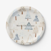 Creme Beige Blaue Weihnachtsbäume Pappteller (Vorderseite)