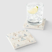 Creme Beige Blaue Weihnachtsbäume Steinuntersetzer (Seitenansicht)