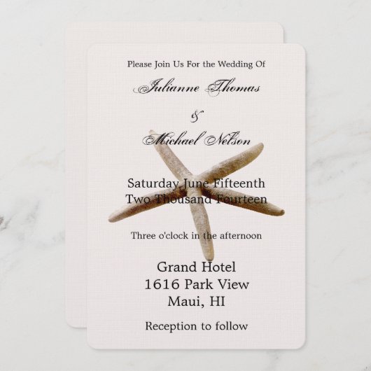 Creme Beige Blush Starfish Beach Einladung (Vorne/Hinten)