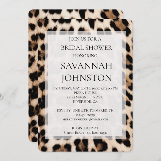 Creme Black Brown Leopard Brautparty Einladung (Vorne/Hinten)