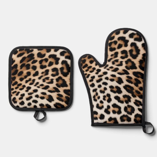 Creme Black Leopard Print Ofenhandschuh & Topflappen-Set (Vorderseite)