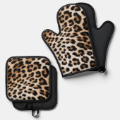 Creme Black Leopard Print Ofenhandschuh & Topflappen-Set (Vorderseite/Rückseite)