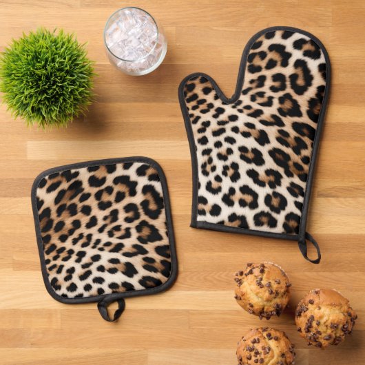 Creme Black Leopard Print Ofenhandschuh & Topflappen-Set (Oben Unten)