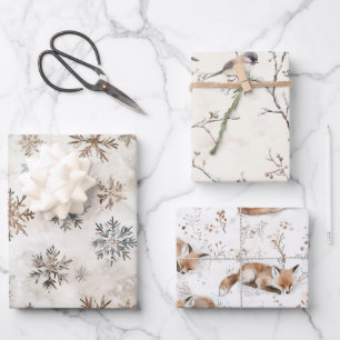 Creme Blau Braun Schneeflocken Vögel Fuchs Weihnac Geschenkpapier Set