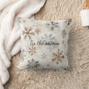 Creme Blau Braun Schneeflocken Weihnachten Kissen