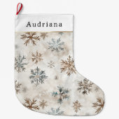 Creme Blaue Braune Schneeflocken Großer Weihnachtsstrumpf (Vorderseite)