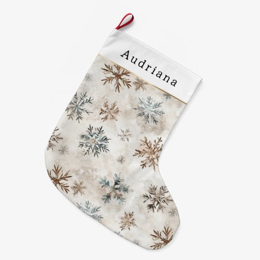 Creme Blaue Braune Schneeflocken Großer Weihnachtsstrumpf (Vorderansicht (hängend))