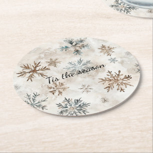 Creme Blaue Braune Schneeflocken Weihnachten Runder Pappuntersetzer