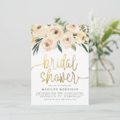 Creme & Blue Blumen Gold Script-Brautparty Einladung (Stehend Vorderseite)