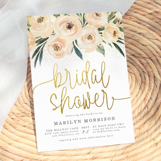 Creme & Blue Blumen Gold Script-Brautparty Einladung