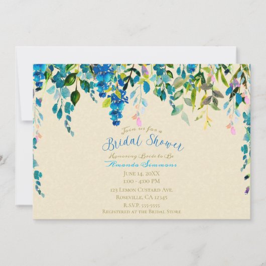 Creme Blue Watercolor Blume Brautparty Einladung (Vorderseite)