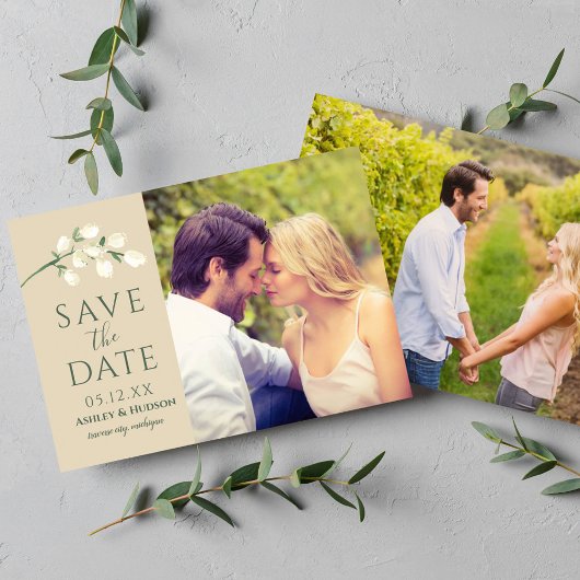 Creme Blume Grünes Hochzeitsstich Foto Save The Date