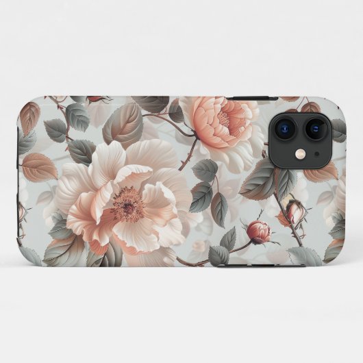 Creme-Blume mit grauen Blätter auf einem hellgraue Case-Mate iPhone Hülle (Rückseite (Horizontal))