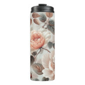 Creme-Blume mit grauen Blätter auf einem hellgraue Thermosbecher (Vorderseite)