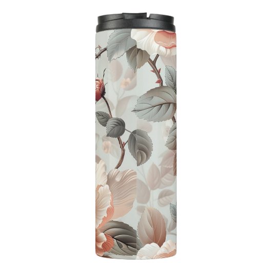 Creme-Blume mit grauen Blätter auf einem hellgraue Thermosbecher (Rückseite)