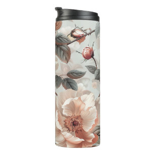 Creme-Blume mit grauen Blätter auf einem hellgraue Thermosbecher