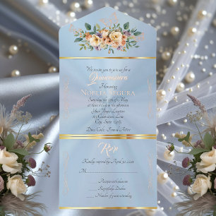 Creme-Blumen auf Pastell-Quinceanera - Blau All-in-One-Einladung