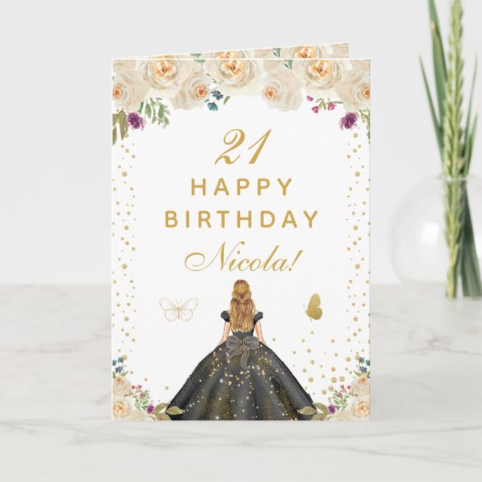 Creme Blumen Blondes Haar Mädchen Geburtstag Karte (Vorderseite)