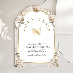 Creme Blumen-Bogen-Schmetterling Hochzeit Termin v Acryleinladungen