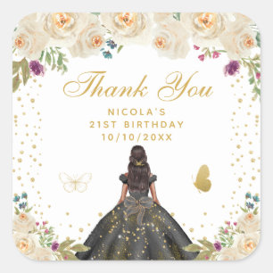 Creme Blumen Dunkle Haut Prinzessin Geburtstagsfei Quadratischer Aufkleber