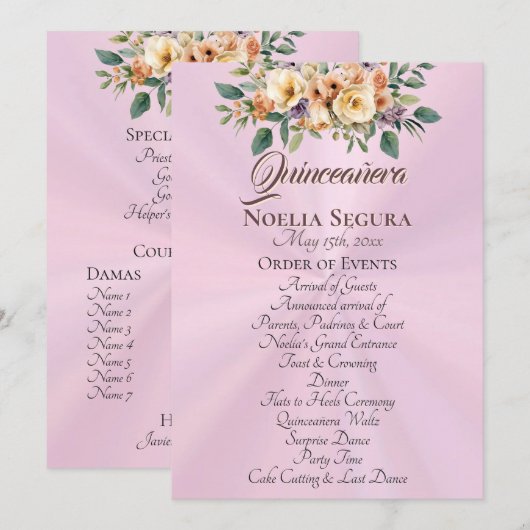 Creme Blumen Quinceanera-Programm - Pastellrosa Programm (Vorne/Hinten)