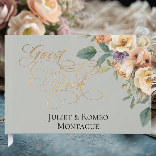 Creme Blumen- und Kranz-Monogramm - Salbei Gästebuch