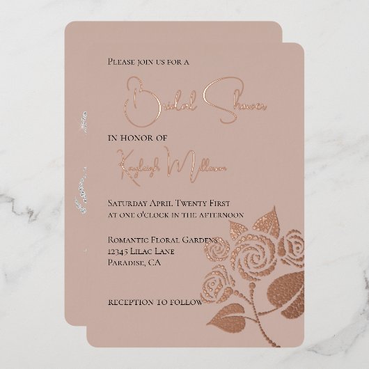 Creme Blush Diamonds Rose Brautparty Folieneinladung (Vorderseite/Rückseite)