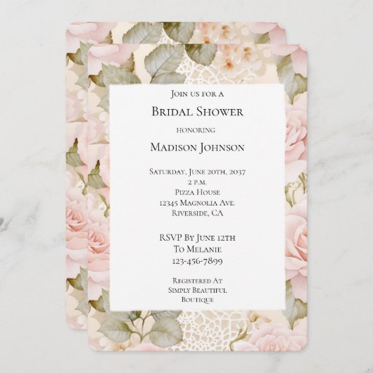Creme Blush Pink Roses Brautparty Einladung (Vorne/Hinten)