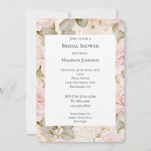 Creme Blush Pink Roses Brautparty Einladung (Vorderseite)