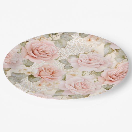 Creme Blush Pink Roses Brautparty Pappteller (Schrägansicht)