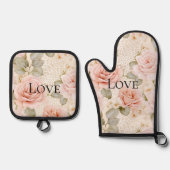 Creme Blush Pink Roses Floral Ofenhandschuh & Topflappen-Set (Vorderseite)