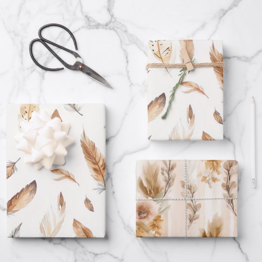 Creme Boho Federn Blumen Geburtstag Geschenkpapier Set (Vorderseite)