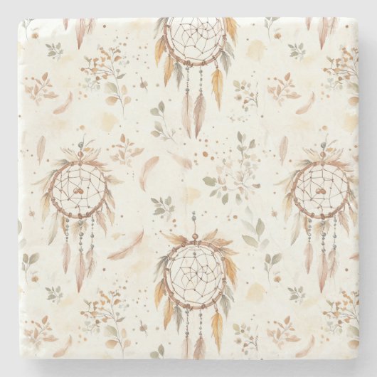 Creme Boho Federn Traumfänger Steinuntersetzer (Vorderseite)