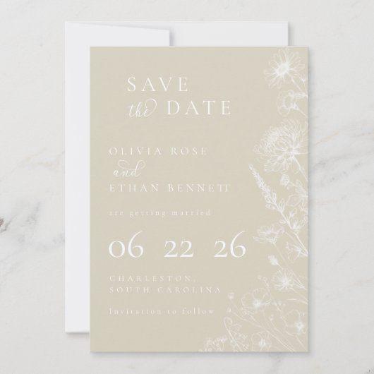 Creme Botanisch Minimale Hochzeit "Save the Date" (Vorderseite)