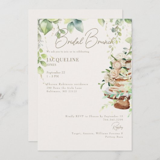 Creme Botanischer Kuchen Bridal Brunch Einladung (Vorne/Hinten)
