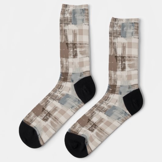 Creme Braun Blau Abstrakte Quadrate Socken (Linkes Detail)