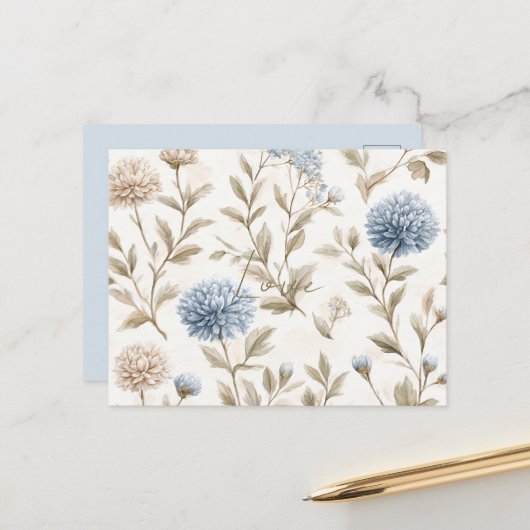 Creme Braun Blaue Blumen Liebe Postkarte (Vorderseite/Rückseite Beispiel)