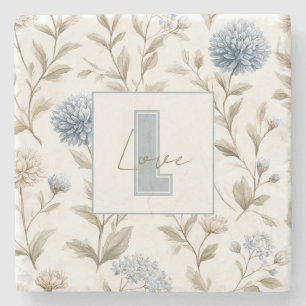 Creme Braun Blaue Blumen Monogramm Anfangsbuchstab Steinuntersetzer