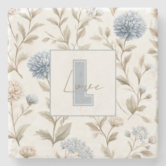 Creme Braun Blaue Blumen Monogramm Anfangsbuchstab Steinuntersetzer (Vorderseite)