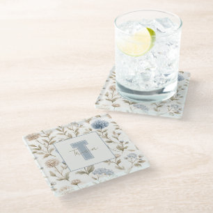 Creme Braun Blaue Blumen Monogramm Anfangsname Glasuntersetzer
