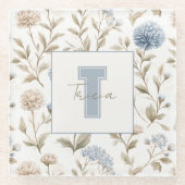 Creme Braun Blaue Blumen Monogramm Anfangsname Glasuntersetzer (Vorderseite)