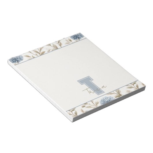Creme Braun Blaue Blumen Monogramm Anfangsname Notizblock (angewinkelt)