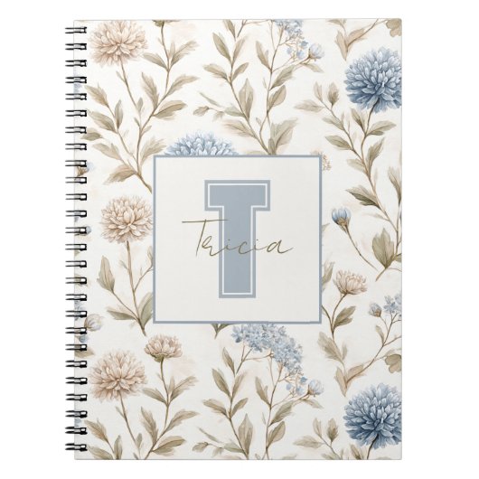 Creme Braun Blaue Blumen Monogramm Anfangsname Notizblock (Vorderseite)